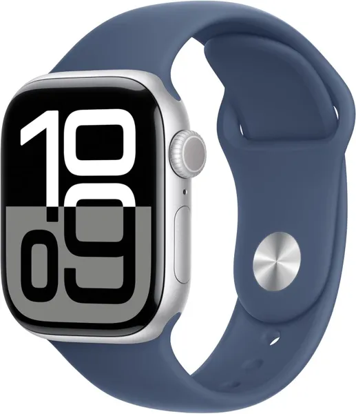 Умные часы Apple Watch Series 10 42 мм из алюминия серебристого цвета, спортивный ремешок цвета «синий деним» (M/L)