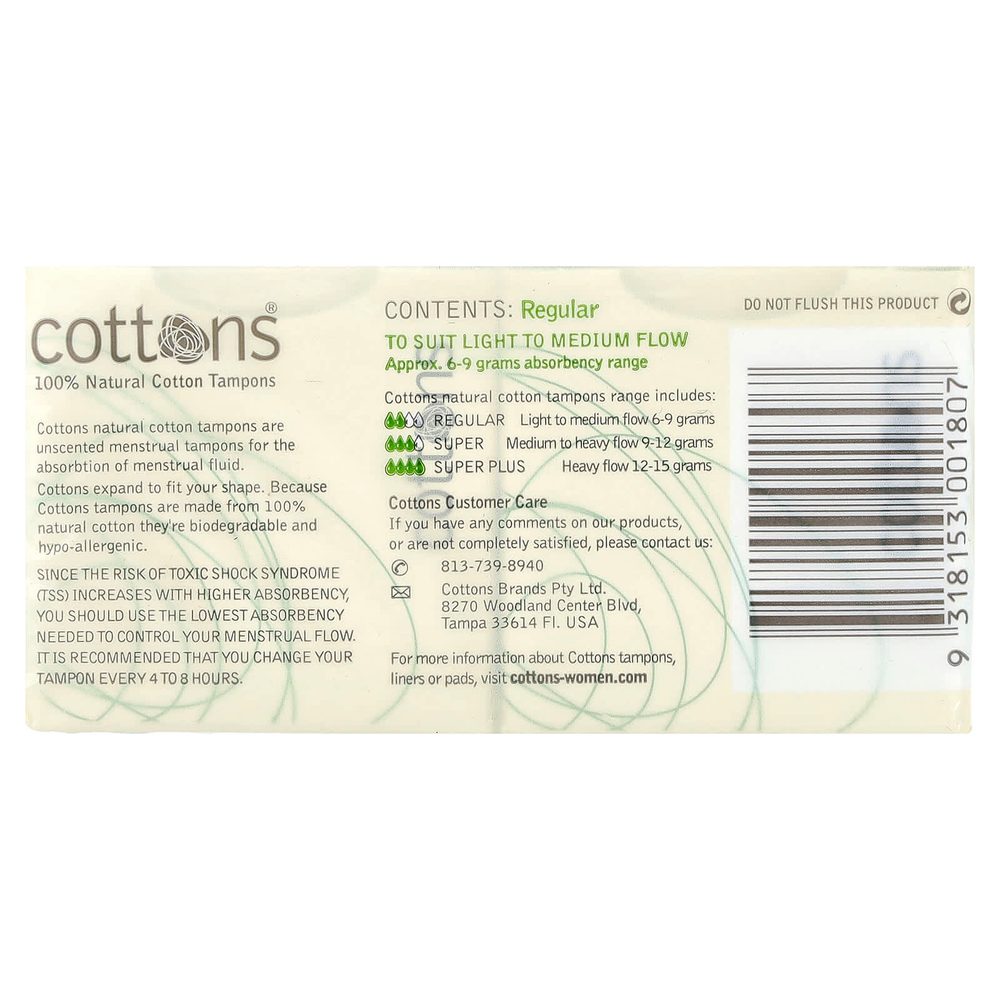 Cottons, Тампоны из 100% натурального хлопка, обычные, без запаха, 16 тампонов
