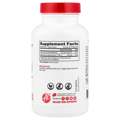 Metabolic Nutrition, витамины D3 и K2, 90 капсул