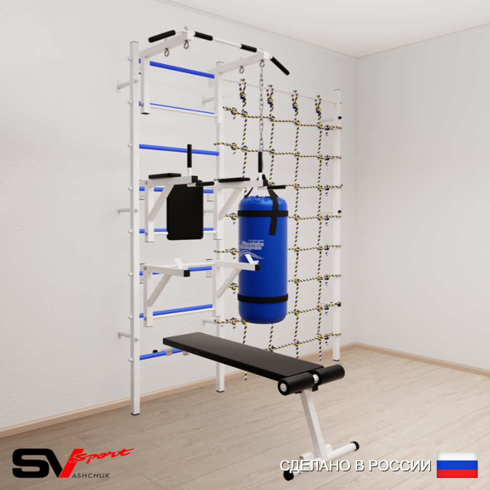 Шведская стенка Sv Sport усиленная 60720 (Турник стандарт/Брусья/Стойка/Скамья/Цепь/Мешок 22кг/Канатный лаз)