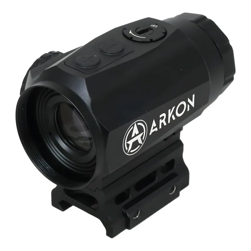 Призматический прицел ARKON Prizm 3x18 / Аркон Призма 3 на 18 - вид спереди сбоку, объектив и логотип