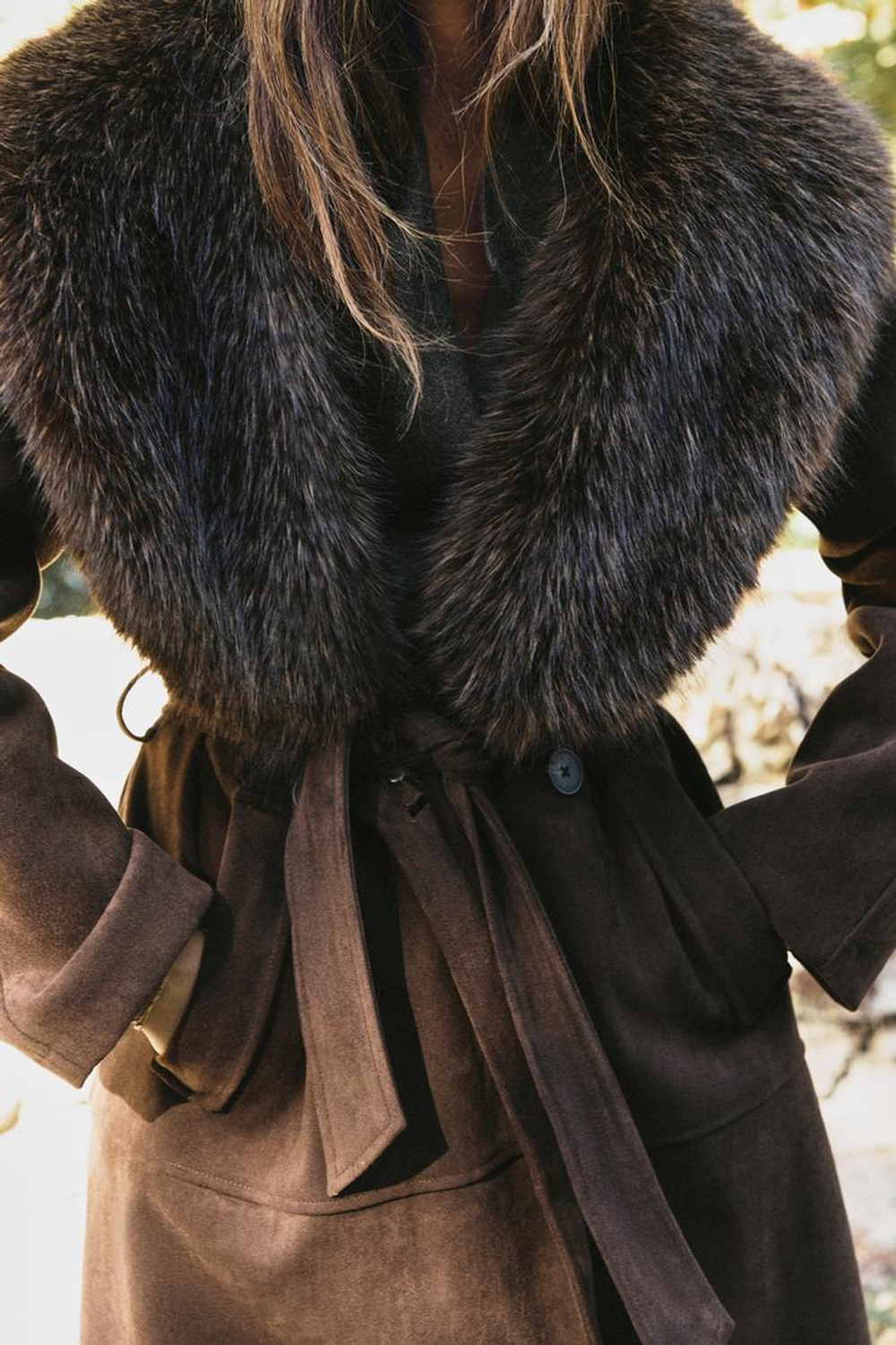 ZARA ПАЛЬТО С ВОРОТНИКОМ ИЗ ИСКУССТВЕННОГО МЕХА, КОРИЧНЕВЫЙ