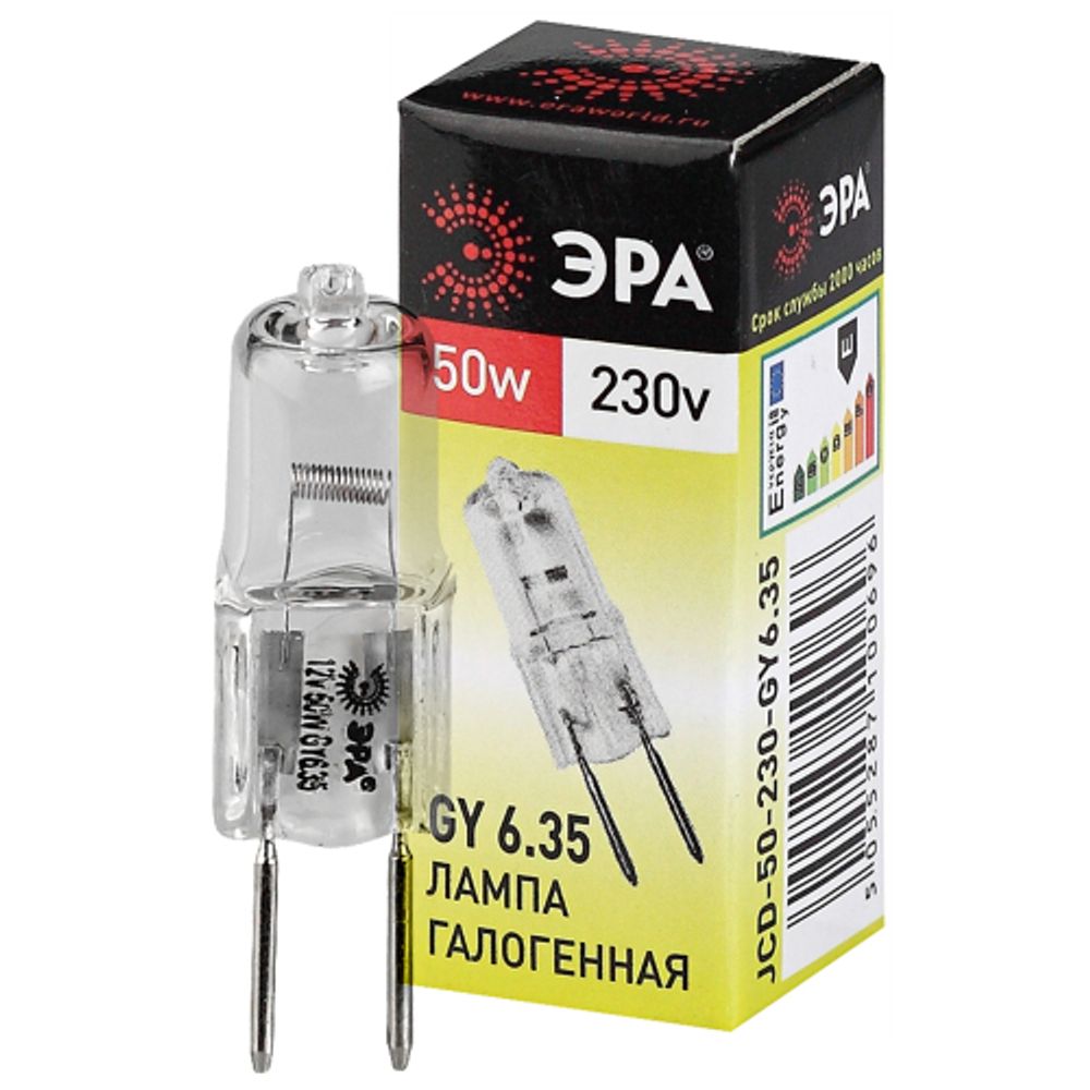 Лампа галогенная ЭРА JCD-50W-230V-GY6.35 50Вт капсула теплый белый свет GY6.35 | Лампы галогенные Капсульные (G4, G9)