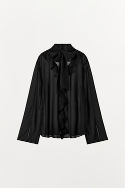 ZARA БЛУЗА С БАНТОМ И ВОЛАНОМ, ЧЕРНЫЙ