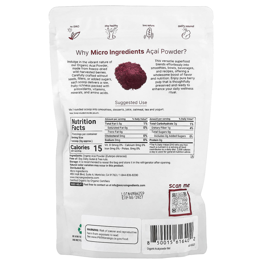 Micro Ingredients, органический порошок из ягод асаи, сублимированный, 227 г (8 унций)
