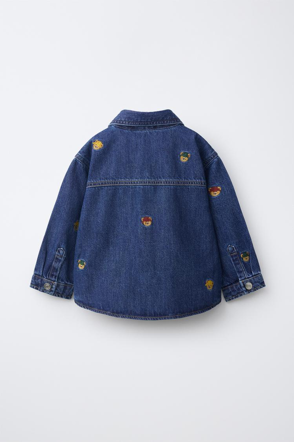 ZARA ДЖИНСОВАЯ КУРТКА-РУБАШКА С ВЫШИВКОЙ В ВИДЕ МЕДВЕЖАТ, ИНДИГО