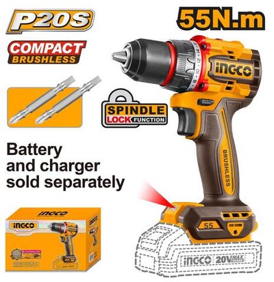 Аккумуляторный шуруповерт 20B BL 55Hm без АКБ и ЗУ SUPER INGCO CDLI205581 INDUSTRIAL