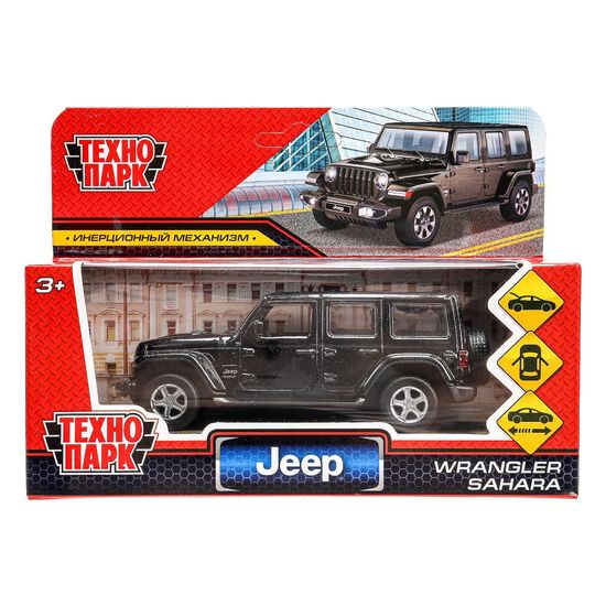 Машина металл JEEP WRANGLER SAHARA 12 см, двери, багаж, инерц, черный, кор. Технопарк