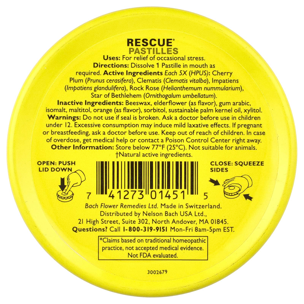 Bach, Rescue®, пастилки для снятия стресса природным способом, со вкусом апельсина и бузины, 35 пастилок