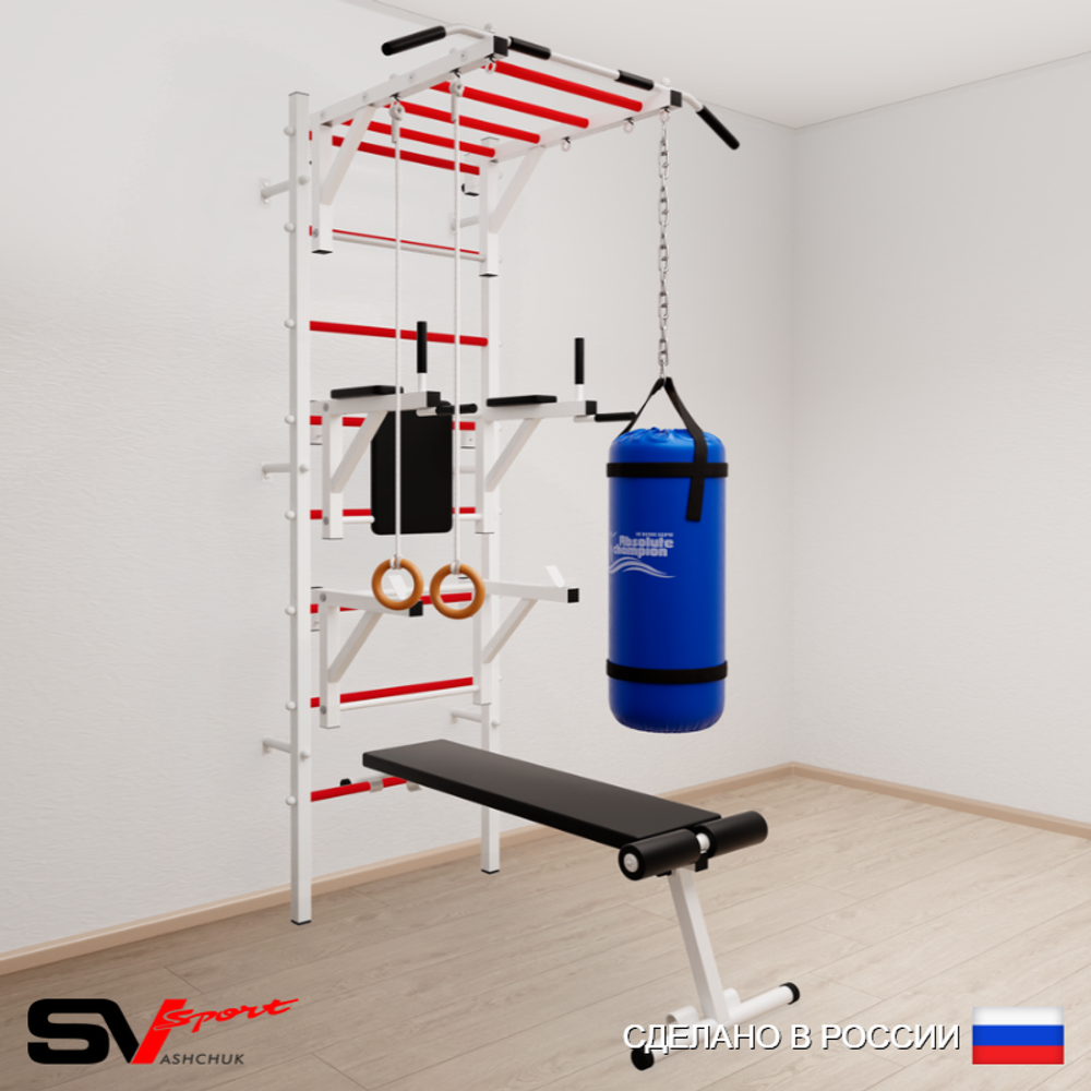 Шведская стенка Sv Sport усиленная 6612 (Турник рукоход/Брусья/Стойка/Скамья/Кольца/Цепь/Мешок 22кг)