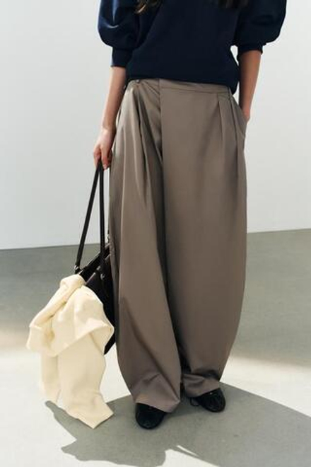 ZARA БРЮКИ С АСИММЕТРИЧНОЙ ТАЛИЕЙ И ЗАЩИПАМИ, СЕРО-КОРИЧНЕВЫЙ