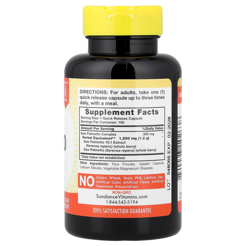 Sundance Vitamins, Пальма сереноа, 1200 мг, 100 капсул с быстрым высвобождением