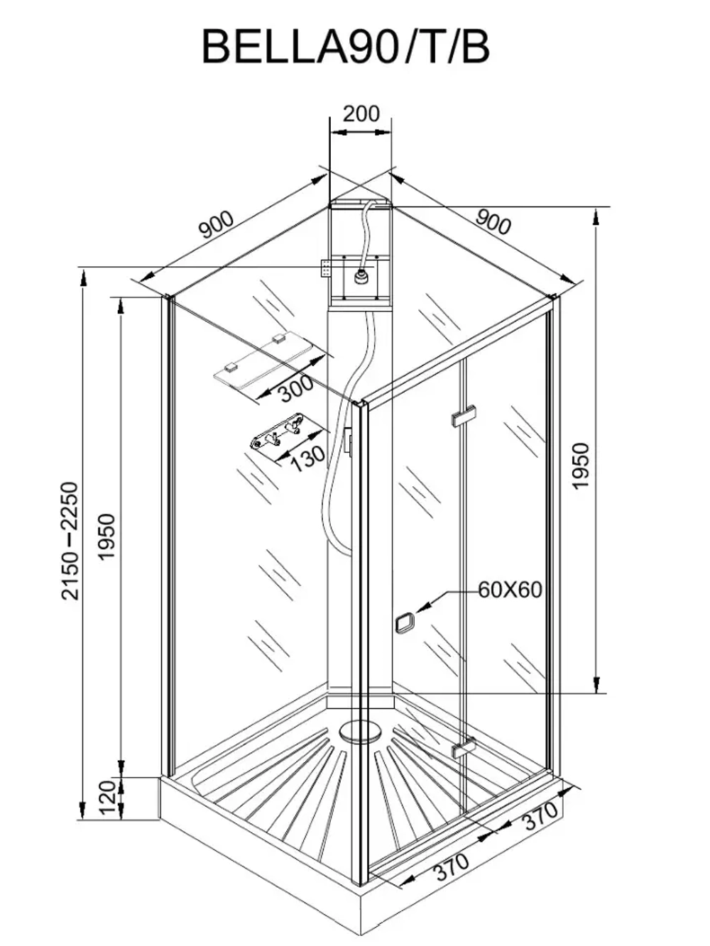 Душевая кабина Ceruttispa (ЧеруттиСпа) BELLA90B, с низким поддоном, 90x90x225