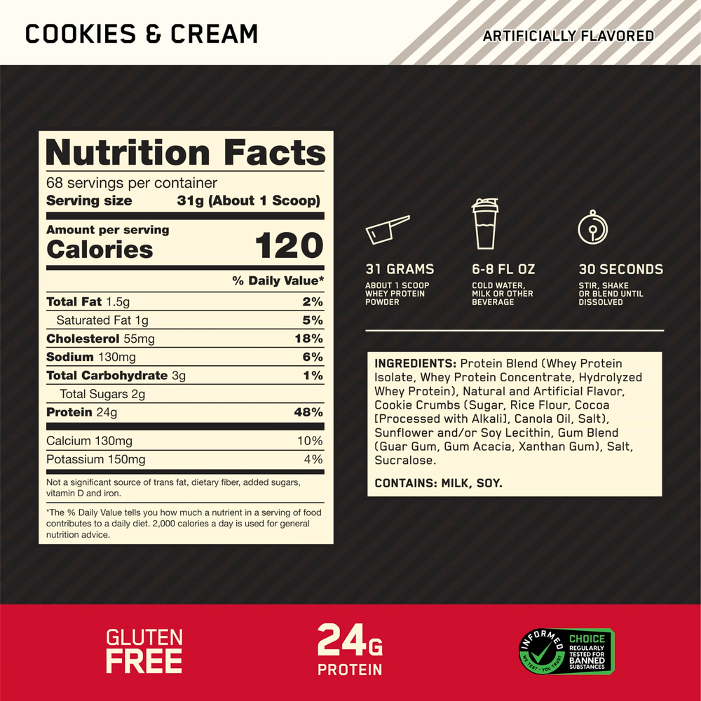 Optimum Nutrition, Gold Standard®, 100% сывороточный протеин, со вкусом печенья и сливок, 2,1 кг (4,65 фунта)