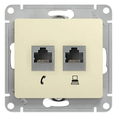 GLOSSA РОЗЕТКА двойная RJ11+RJ45 кат.5e, механизм, БЕЖЕВЫЙ