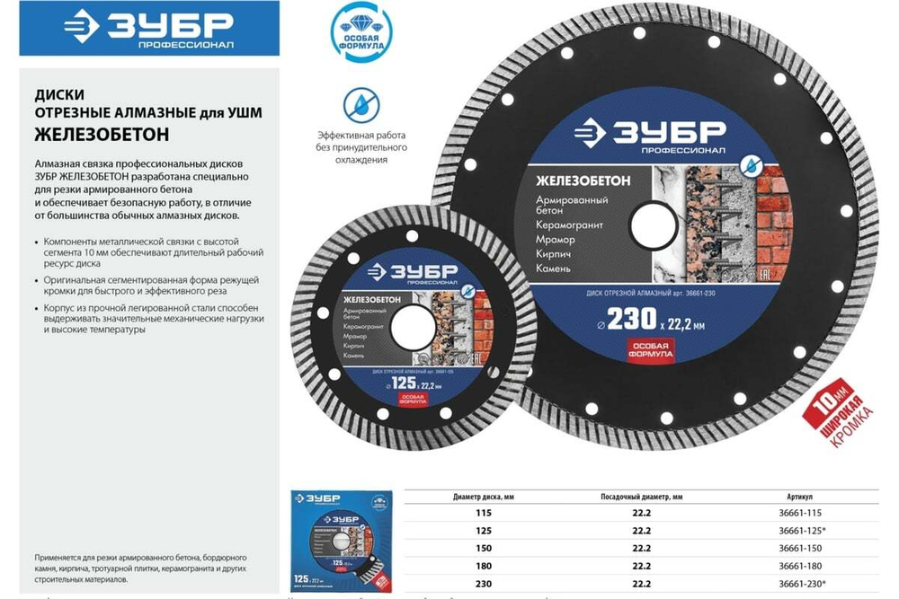 Диск отрезной алмазный ЗУБР Профессионал Железобетон 125 мм 36661-125