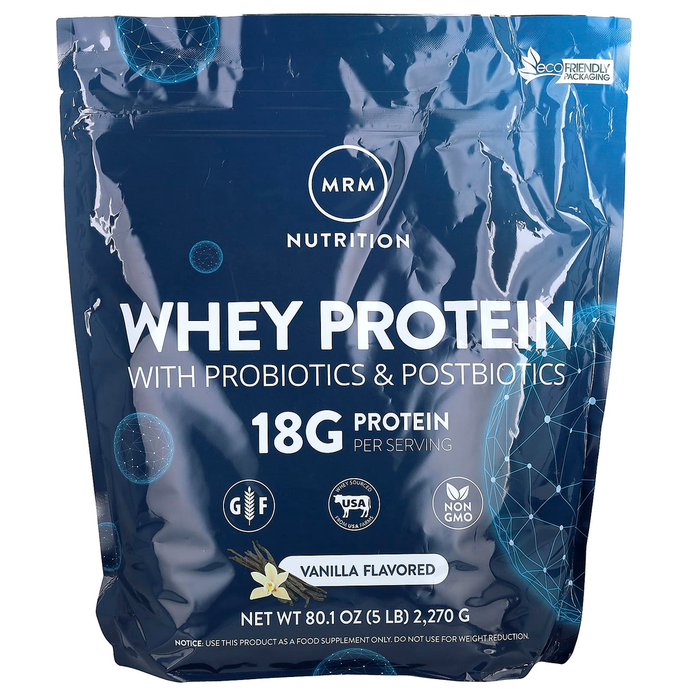 MRM Nutrition, сывороточный протеин с пробиотиками и постбиотиками, ваниль, 2270 г (5 фунтов)
