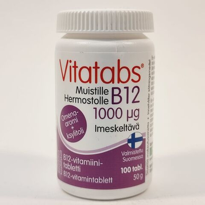 Vitatabs Цианкобаламин (B12) 1000 мкг + ксилит, 100 таблеток со вкусом яблока, 50 г (из Финляндии)