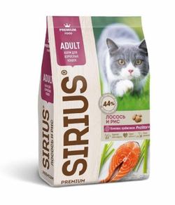 Sirius Сухой полнорационный корм для взрослых кошек лосось и рис, 400 гр.