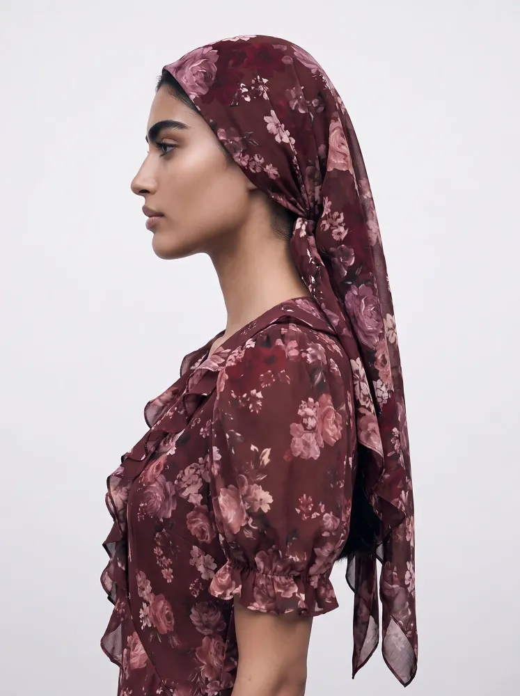 Летиция (Letecia), косынка из бордового шифона с цветами мультицвет
