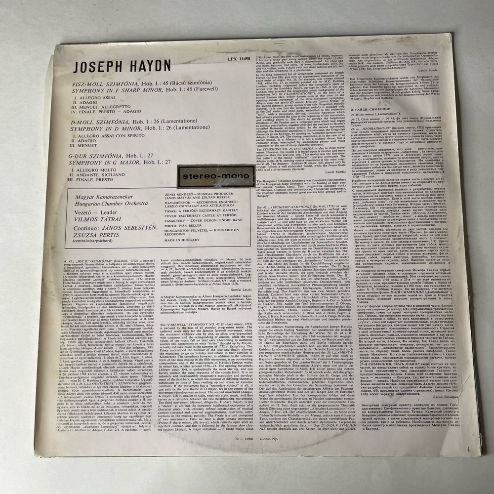 Винтажная виниловая пластинка LP Joseph Haydn Йозеф Гайдн, Hungarian Chamber Orchestra, Симфонии No.45, 26, 27 (Венгрия 1971)