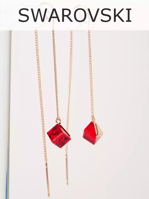 Серьги-протяжки Миражи с красными кубиками Swarovski