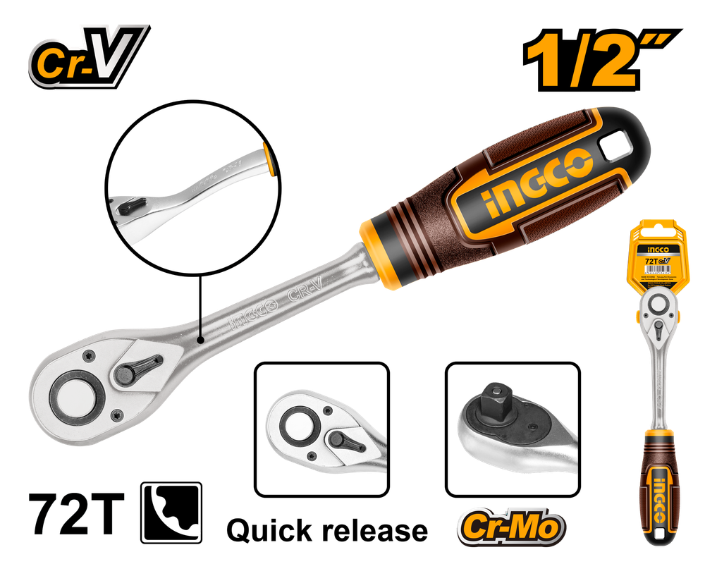 Ключ трещоточный изогнутый INGCO HRTH8412 INDUSTRIAL 1/2"