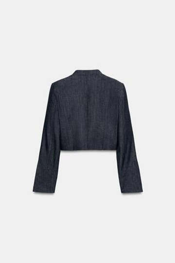 ZARA УКОРОЧЕННЫЙ ЖАКЕТ С КРУЖЕВНЫМИ ВСТАВКАМИ, ИНДИГО