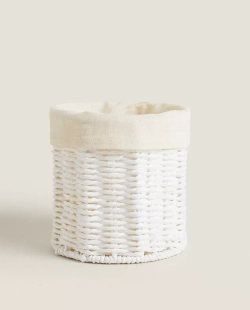 ZARA HOME КРУГЛАЯ КОРЗИНА С ПОДКЛАДКОЙ ИЗО ЛЬНА, БЕЛЫЙ