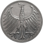 5 марок. Германия. (G). Серебро. 1967 год. XF-AU