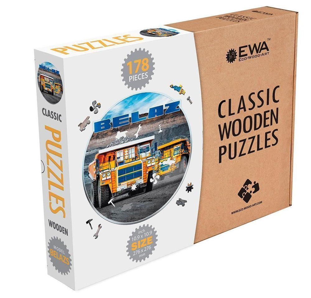 Деревянный пазл, фигурный для детей и взрослых EWA Автомобили БЕЛАЗ 28x28 см