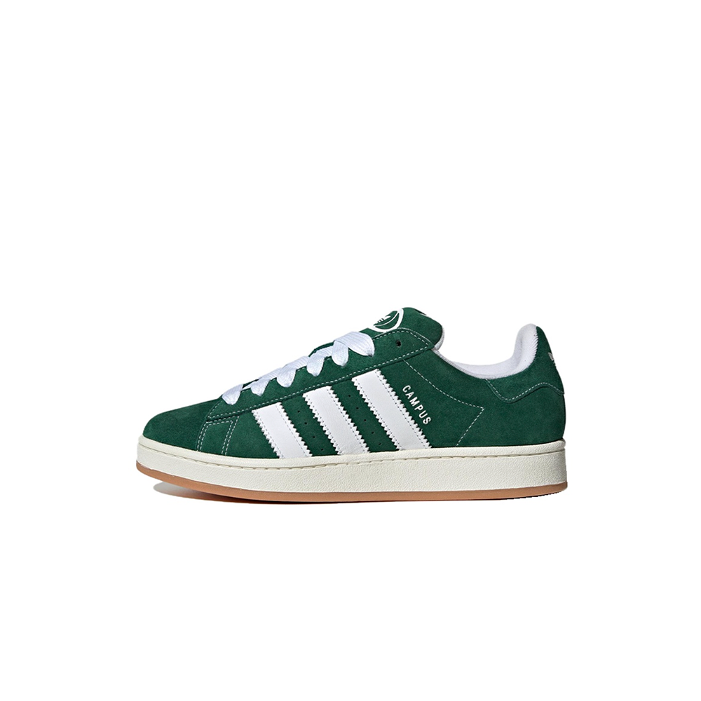 alt="adidas Campus 00s Dark Green H03472 темно-зеленые замшевые кроссовки с белыми полосками вид сбоку на белом фоне"