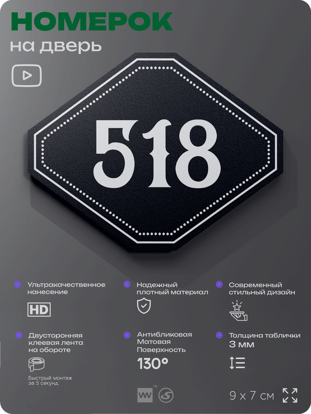 Номерок на дверь квартиры 518, для кабинета, офиса, шильдик 9 х 7 см, черный, Айдентика Технолоджи