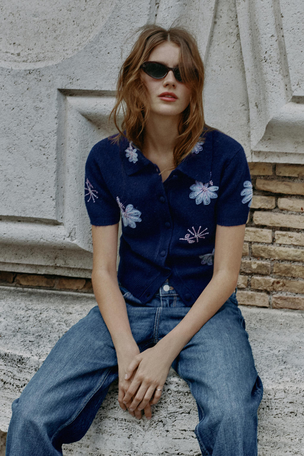 ZARA КАРДИГАН С КОРОТКИМ РУКАВОМ И БУСИНАМИ, ЧЕРНИЛЬНО-СИНИЙ