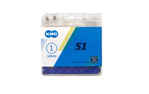 Цепь KMC S1 для 1 скорости, 1/2"х1/8", 112 звеньев, пин 8.6мм, с замком, синяя