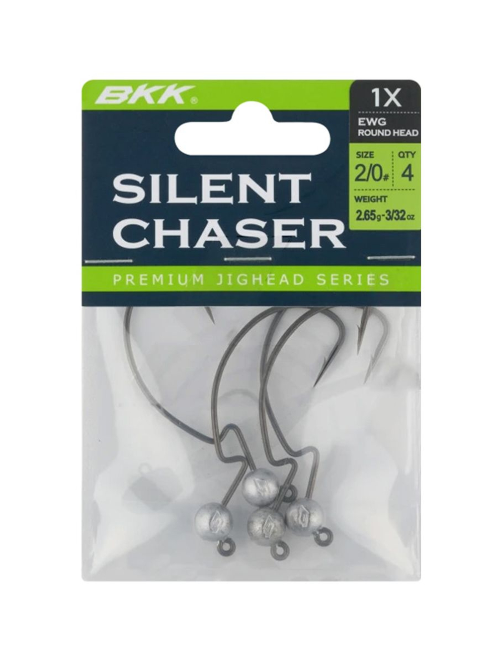 Джиг-головка для рыбалки BKK на офсетном крючке Silent Chaser - 1X - EWG Round Head, размер крючка 2/0, вес 2,65г, 4 шт.