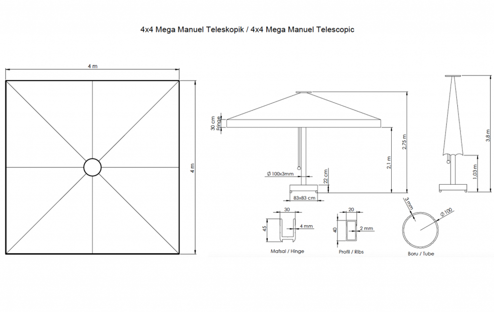 Зонт профессиональный 4х4 м Theumbrela Semsiye Evi Mega Telescopic Manual