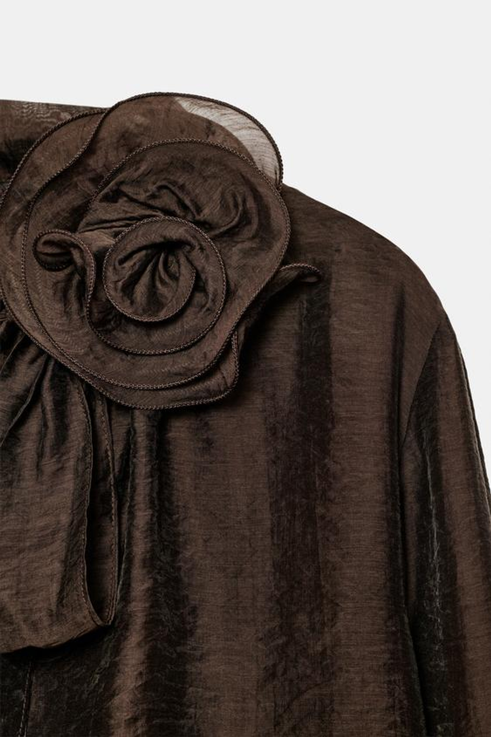 ZARA БЛУЗА С ЦВЕТКОМ И БАНТОМ, КОРИЧНЕВЫЙ