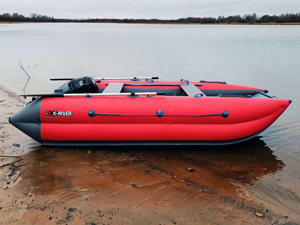 Лодка ПВХ X-River Катрин 360 тримаран, голубой-серый, фурнитура серая, дно серое,увеличенный транец
