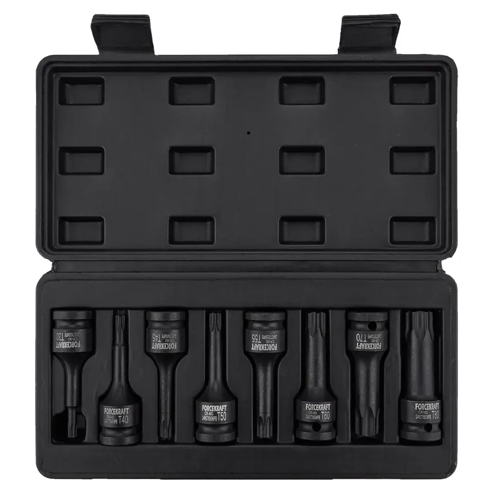 Набор головок-бит TORX ударных 8пр.,1/2''(T30, T40, T45, T50, T55, T60, T70, T80), в кейсе FORCEKRAFT FK-4088MPB