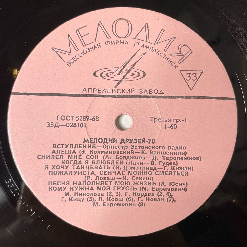 Винтажная виниловая пластинка LP Сборник Мелодии Друзей 70 (СССР 1970)