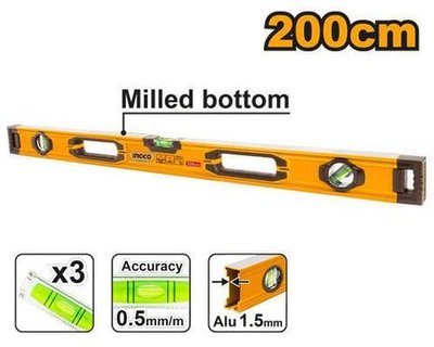 Алюминиевый фрезерованный уровень 2000 мм INGCO HSL08200 INDUSTRIAL