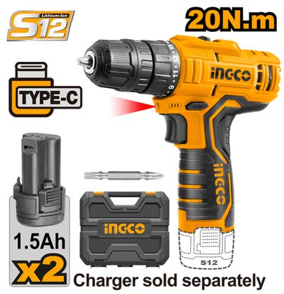 Аккумуляторная дрель-шуруповерт 12В 20Нм 15+1 USB type-C INGCO CDLI12328