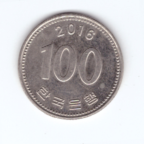 100 вон 2016 год. Южная Корея. Медно-никель XF-AU