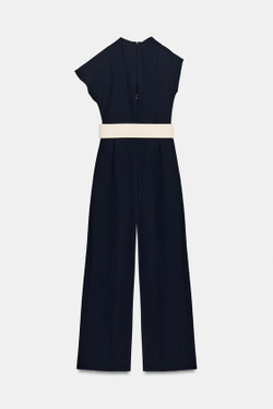 ZARA КОМБИНЕЗОН С АСИММЕТРИЧНЫМ РУКАВОМ И ПОЯСОМ, МОРСКОЙ СИНИЙ