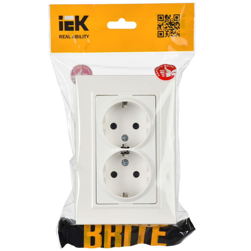 BRITE Розетка 2-местная с заземлением с защитными шторками 16А в сборе РСш12-3-БрБ белый IEK