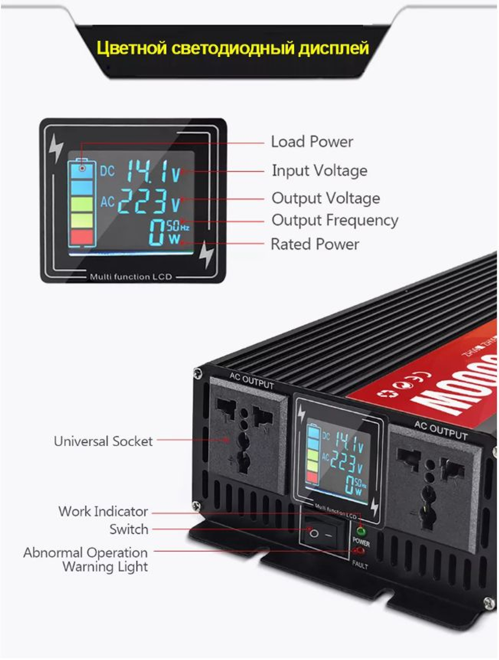 Инвертор 12V-220V 4000W черный RDDSPON универсальная розетка