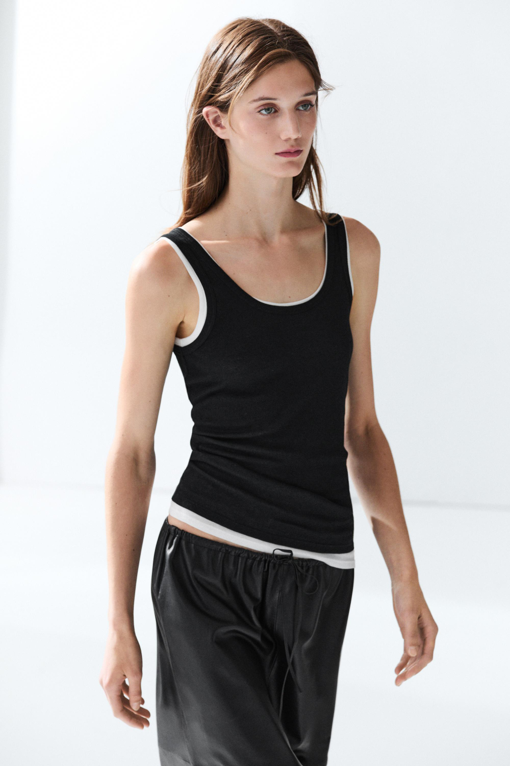 Massimo Dutti Двуслойный топ из 100% хлопка в рубчик, черный