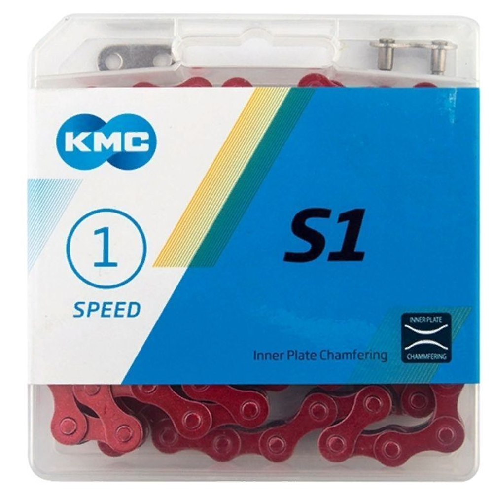 Цепь KMC S1 для 1 скорости, 1/2"х1/8", 112 звеньев, пин 8.7мм, с замком, красная