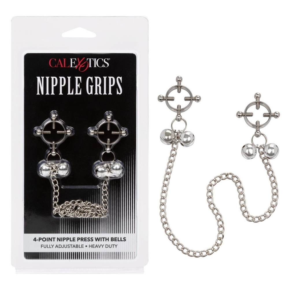 Металлические зажимы для сосков на цепочке Nipple Grips 4-Point Nipple Press with Bells (Цвет: серебристый)